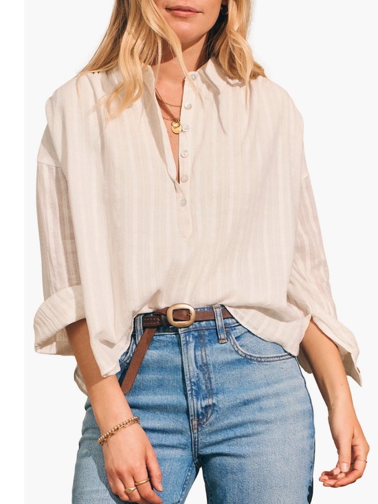 Faherty Tops - Faherty Olli Organic Cotton Popover Shirt in Egret Long Sleeves Large Minimalist